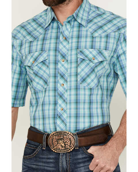 Image #3 - Wrangler 20X Men's Plaid Print Short Sleeve Snap Stretch Western Shirt - Tall , Blue, hi-res