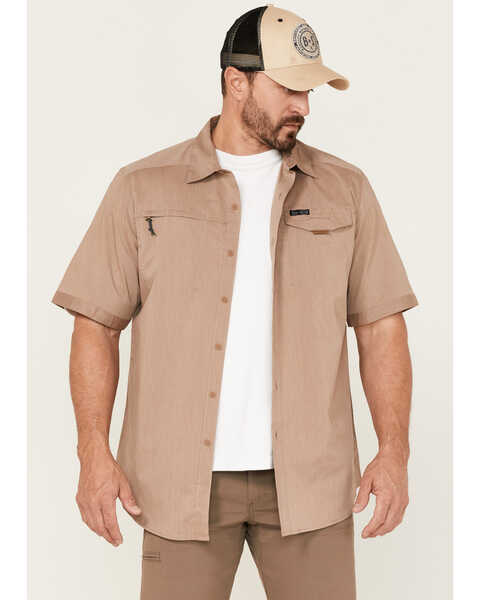 Wrangler ATG Men's All-Terrain Asymmetric Pocket Button-Down Western Shirt , Brown, hi-res