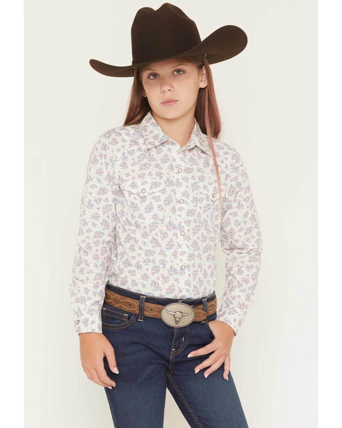 Ariat Girls' Floral Print Long Sleeve Snap Western Shirt, White, hi-res