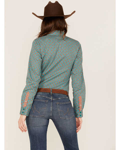 Image #4 - Cinch Women's Tile Print Long Sleeve Button Down Western Core Shirt, Green, hi-res