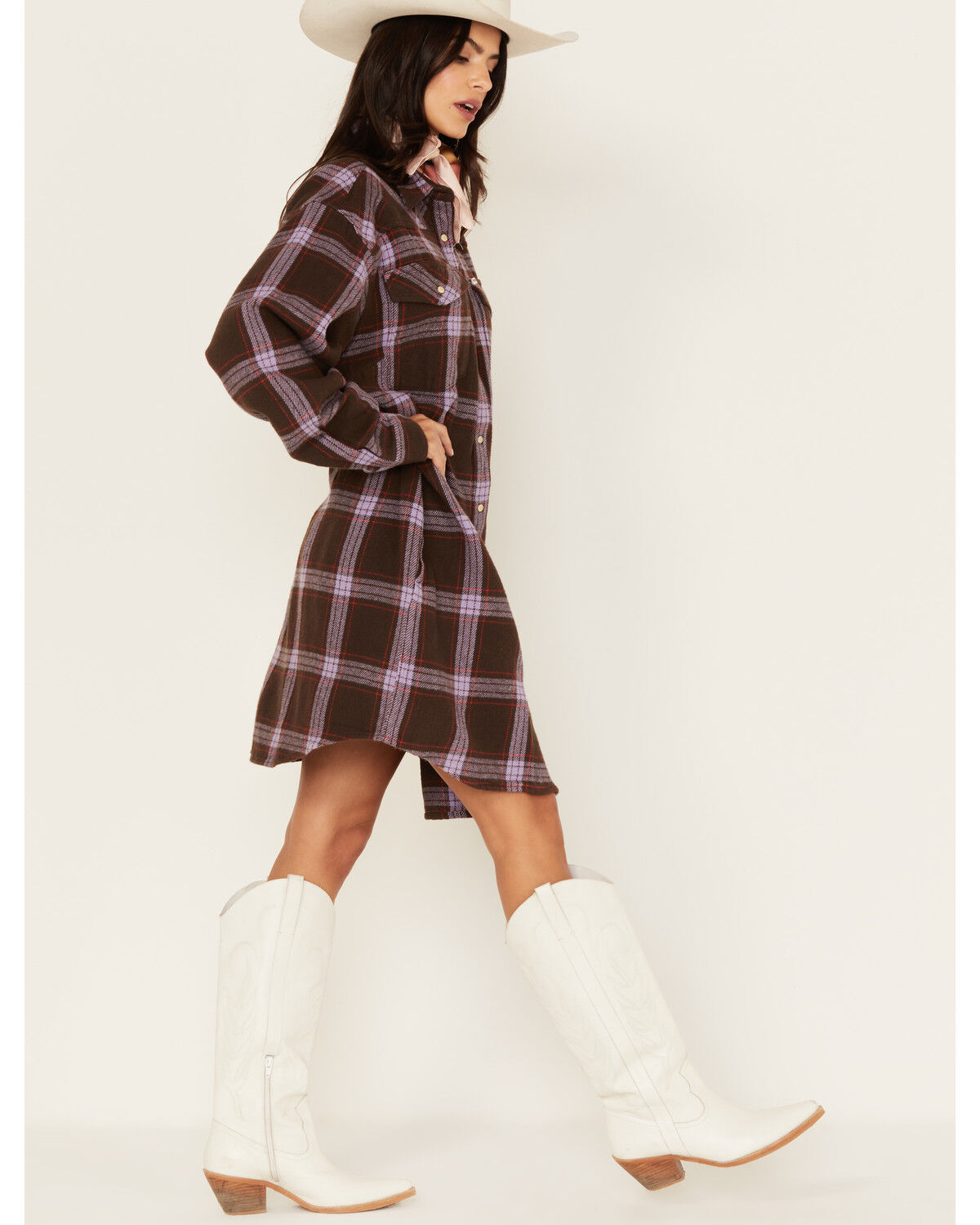 Image #3 - Wrangler Women's Jumbo Plaid Print Long Sleeve Western Mini Dress, Brown, hi-res