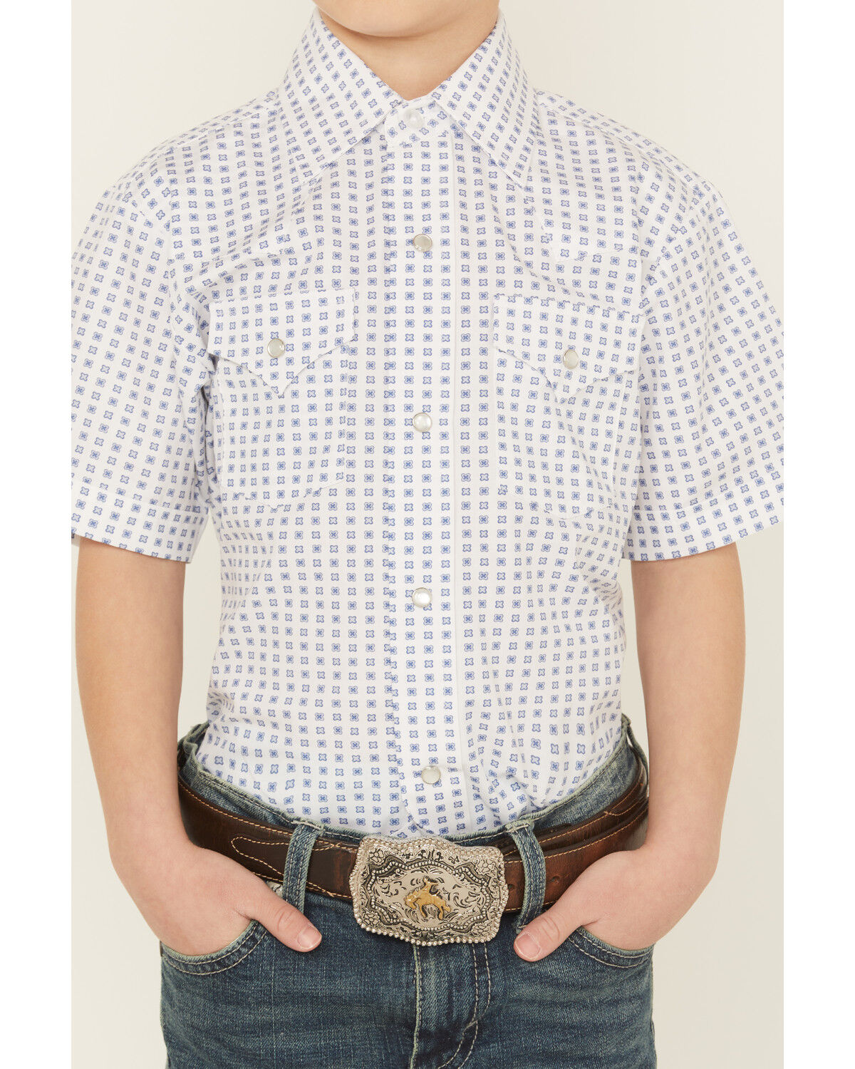 Image #3 - Ely Walker Boys' Geo Print Short Sleeve Snap Western Shirt, White, hi-res