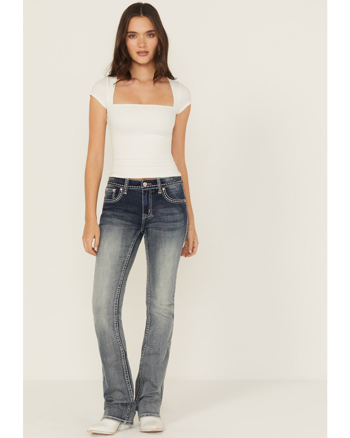 Image #3 - Grace In LA Women's Medium Wash Fleur De Lis Embroidered Mid Rise Bootcut Stretch Denim Jeans, Medium Wash, hi-res
