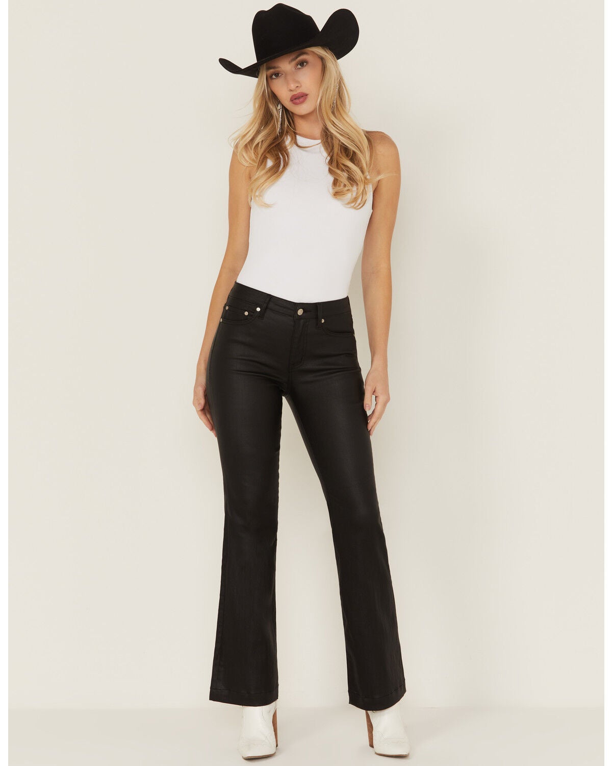Daze Women's Mid Rise Coated Flare Stretch Pants, Black, hi-res