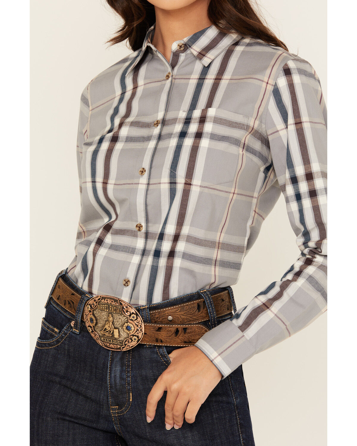 Image #3 - Shyanne Women's Plaid Print Long Sleeve Button-Down Stretch Western Shirt, Slate, hi-res