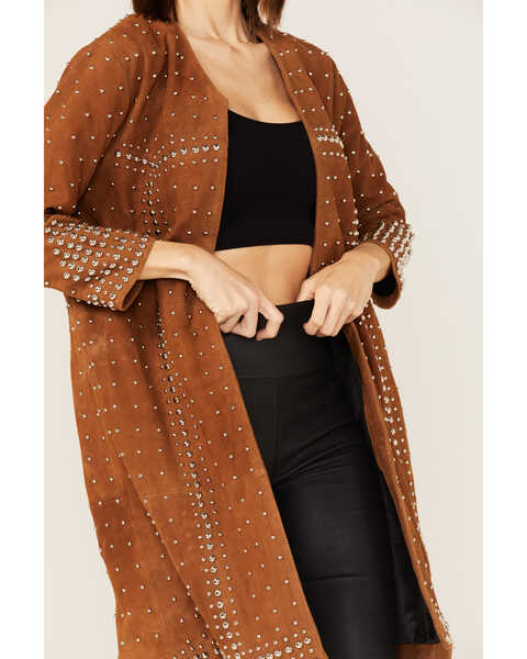 Image #4 - Understated Leather Studded Suede Duster Coat, Tan, hi-res