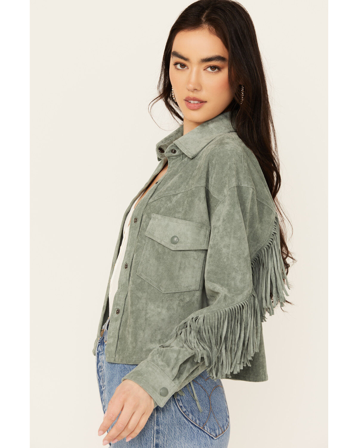 Image #2 - BLANKNYC Women's Faux Suede Fringe Jacket, Green, hi-res