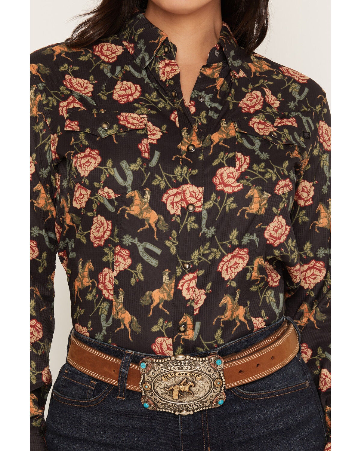 Image #3 - Rock & Roll Denim Women's Spur Floral Print Long Sleeve Snap Tek Western Shirt, Black, hi-res