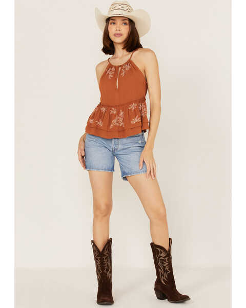 Image #2 - Shyanne Women's Textured Ruffle Embroidered Halter Keyhole Tank Top, Brown, hi-res
