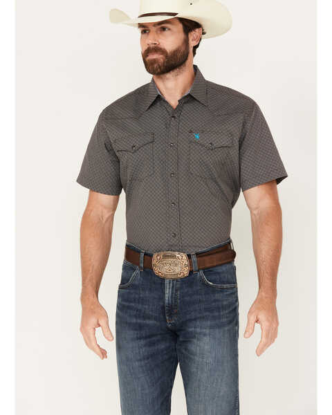 Rodeo Clothing Men's Printed Short Sleeve Snap Western Shirt , Blue, hi-res
