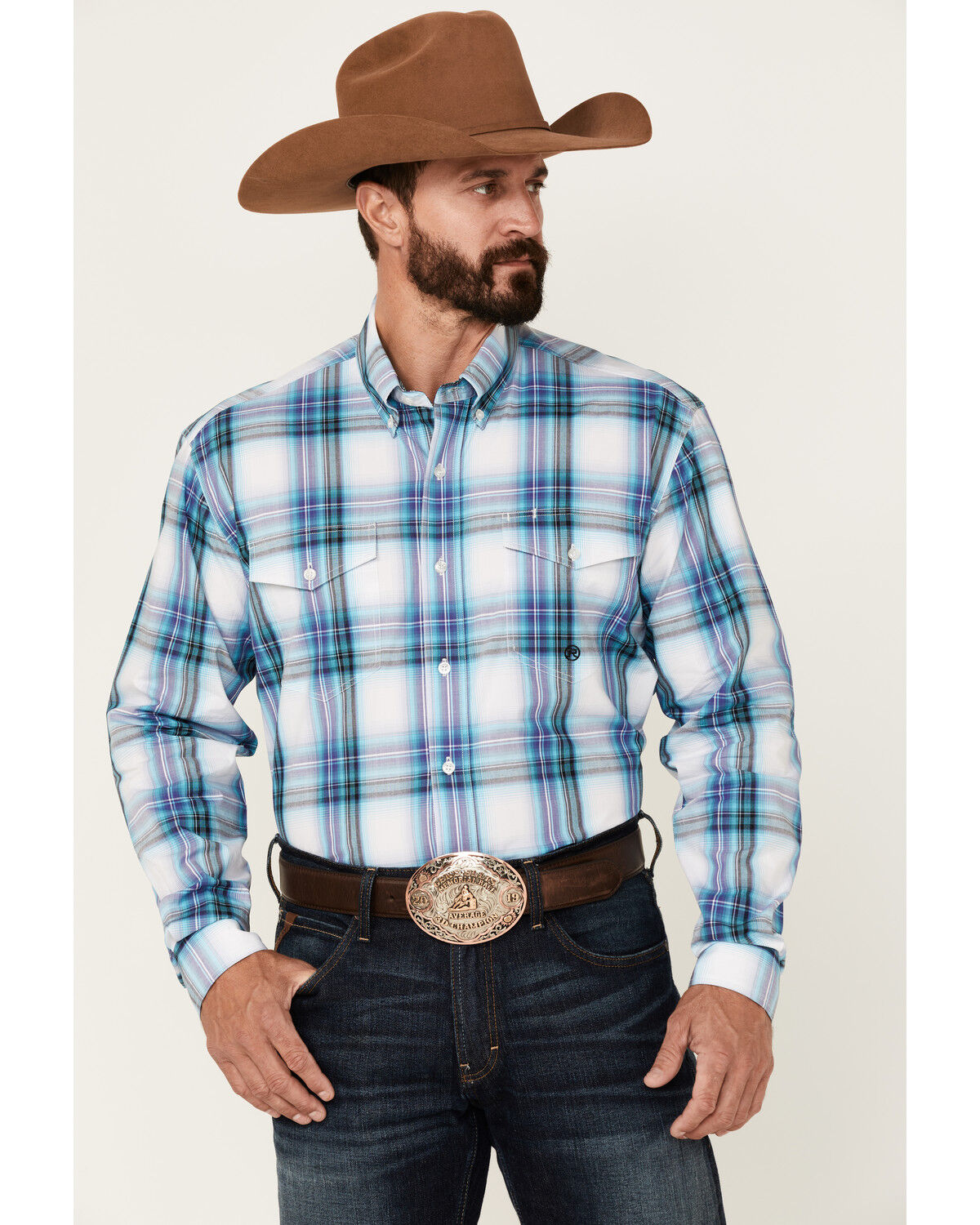Image #1 - Roper Men's Clear Sky Large Plaid Print Long Sleeve Button Down Western Shirt, , hi-res