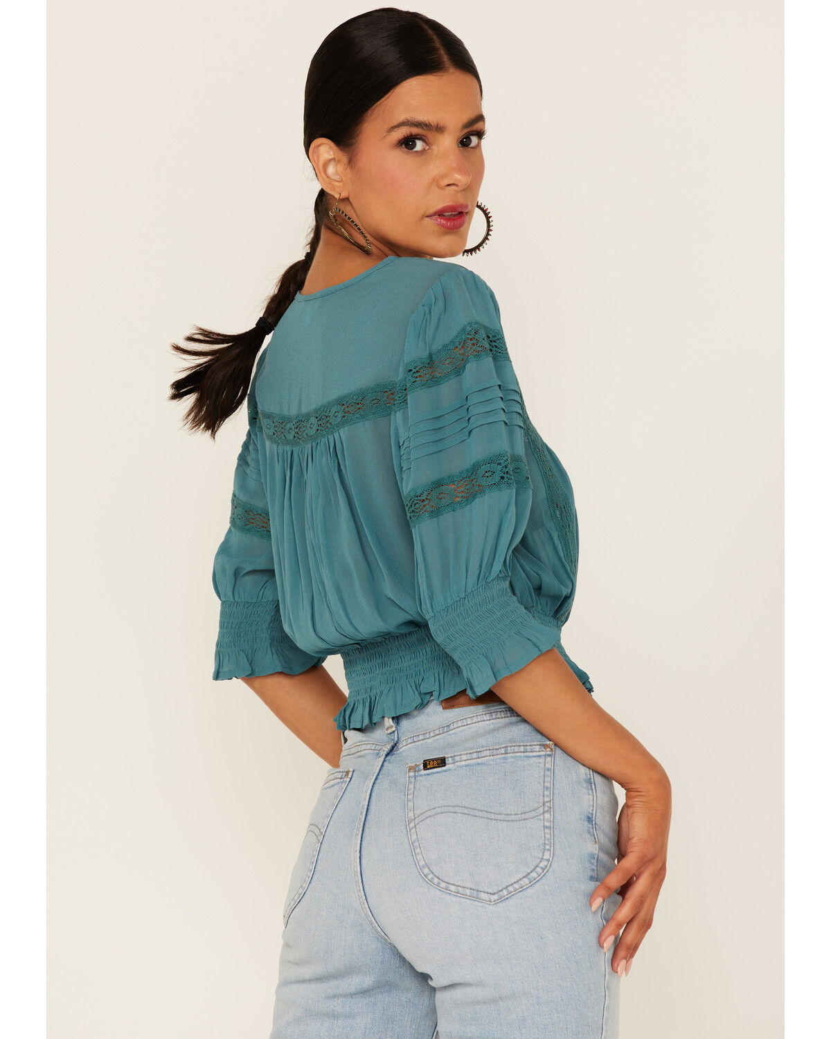 Image #4 - Patrons of Peace Women's Woven Lace Smocked Bottom Blouse, Blue, hi-res