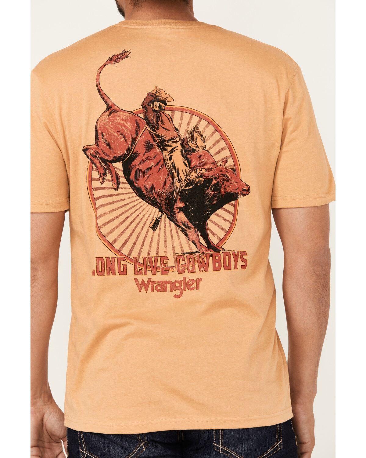 Image #4 - Wrangler Men's Boot Barn Exclusive Bucking Cowboy Short Sleeve Graphic T-Shirt, Gold, hi-res