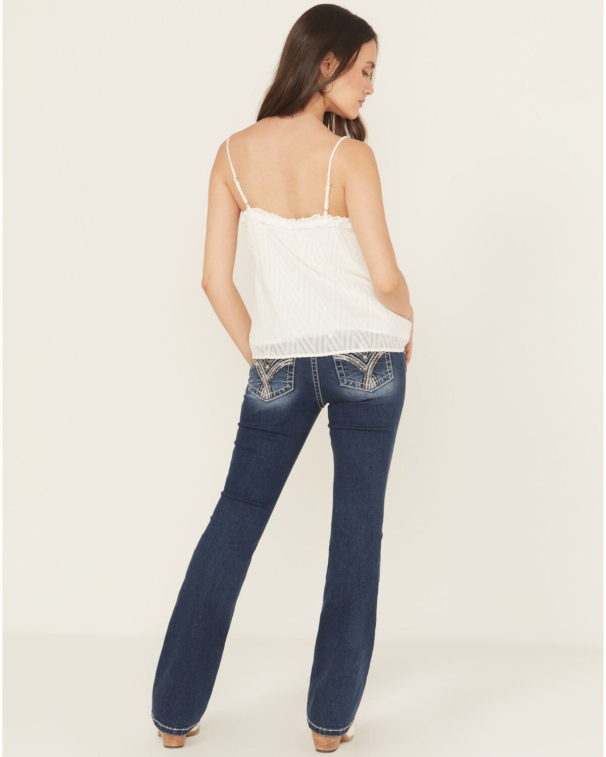 Miss Me Women's Dark Wash Mid Rise Embroidered Pocket 32" Bootcut Stretch Denim Jeans, Dark Wash, hi-res