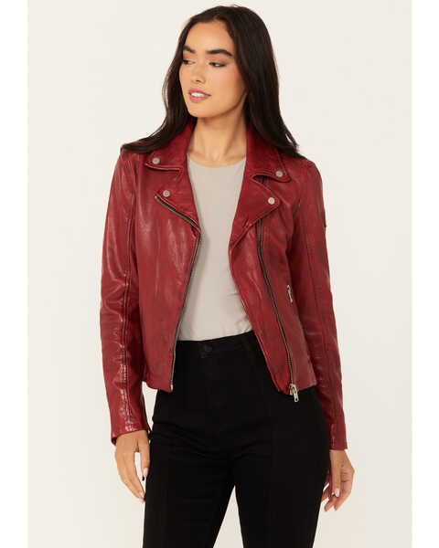 Mauritius Leather Women's Embellished Stars Leather Moto Jacket, Red, hi-res