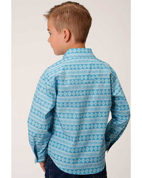 Image #2 - Roper Boys' Southwestern Print Long Sleeve Snap Western Shirt, Turquoise, hi-res