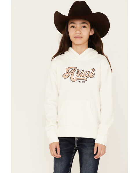 Ariat Girls' Boot Barn Exclusive Metallic Embroidered Logo Hoodie, Ivory, hi-res