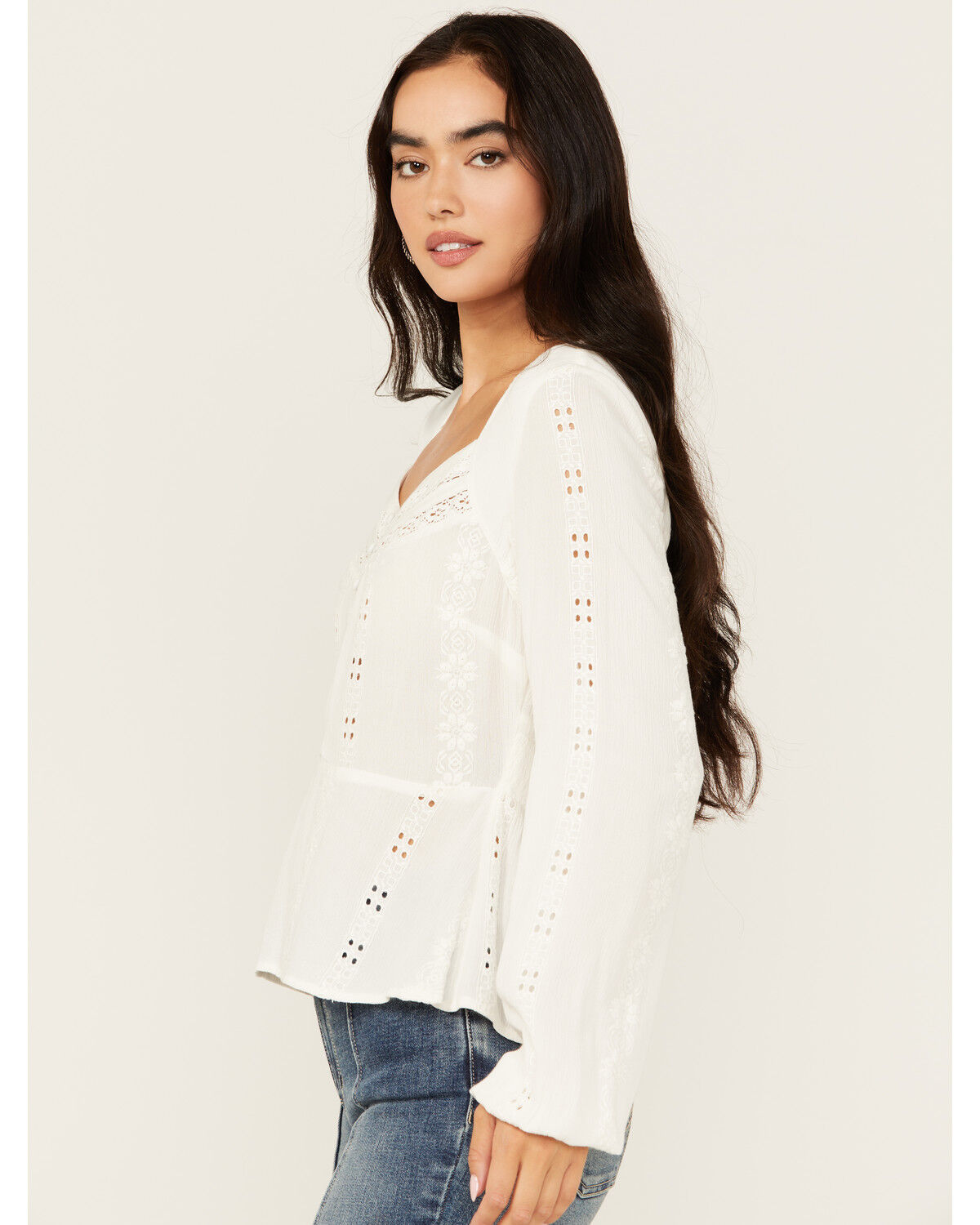 Image #2 - Idyllwind Women's Teel Eyelet Keyhole Blouse, Ivory, hi-res