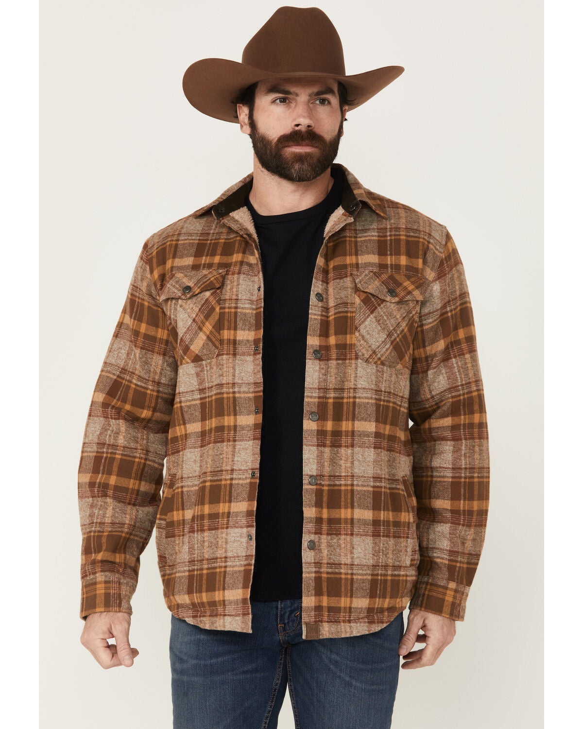 Dakota Grizzly Men's Ivan Plaid Print Sherpa Lined Shirt Jacket, Medium Brown, hi-res