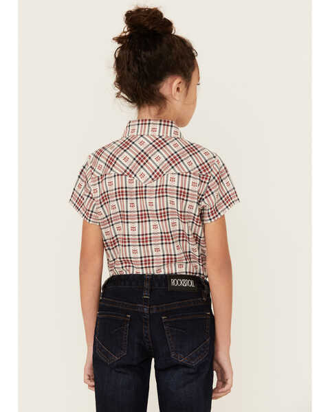 Image #4 - Shyanne Girls' Dobby Teton Plaid Print Short Sleeve Pearl Snap Western Shirt , Brick Red, hi-res
