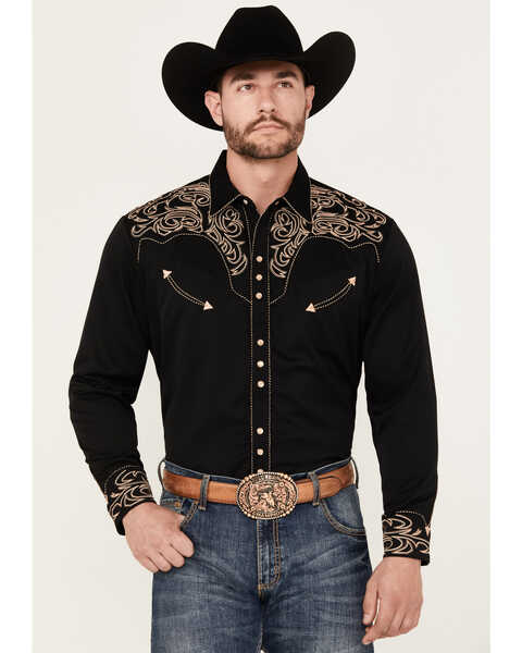 Scully Men's Embroidered Scroll Long Sleeve Snap Western Shirt, Black, hi-res