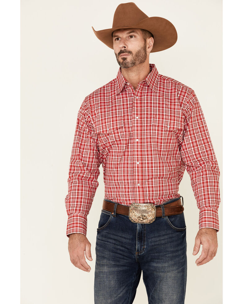Wrangler Men's Wrinkle Resist Red Small Plaid Long Sleeve Snap Western Shirt , Red, hi-res