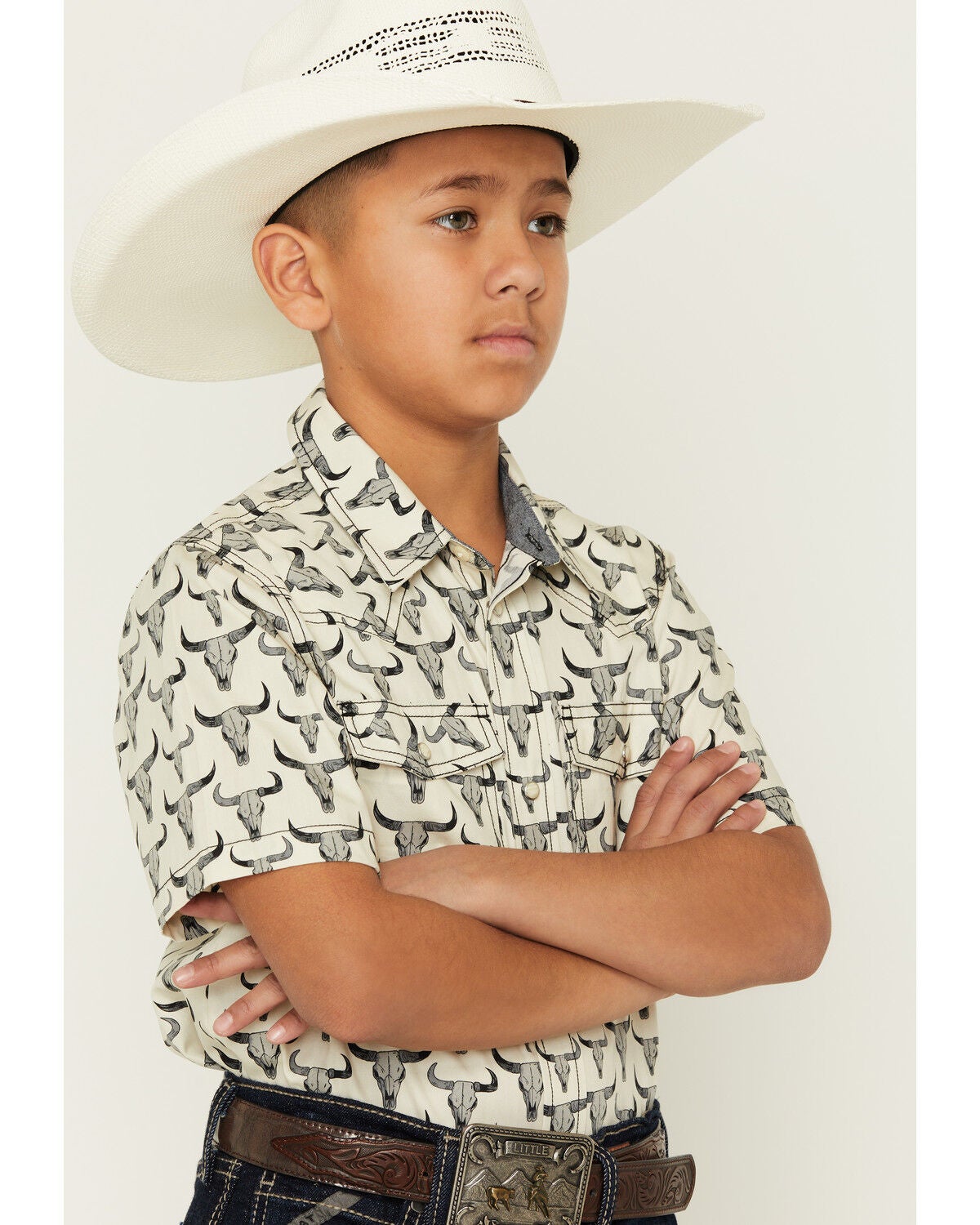 Image #2 - Cody James Boys' Toro Steerhead Print Short Sleeve Snap Western Shirt, Tan, hi-res