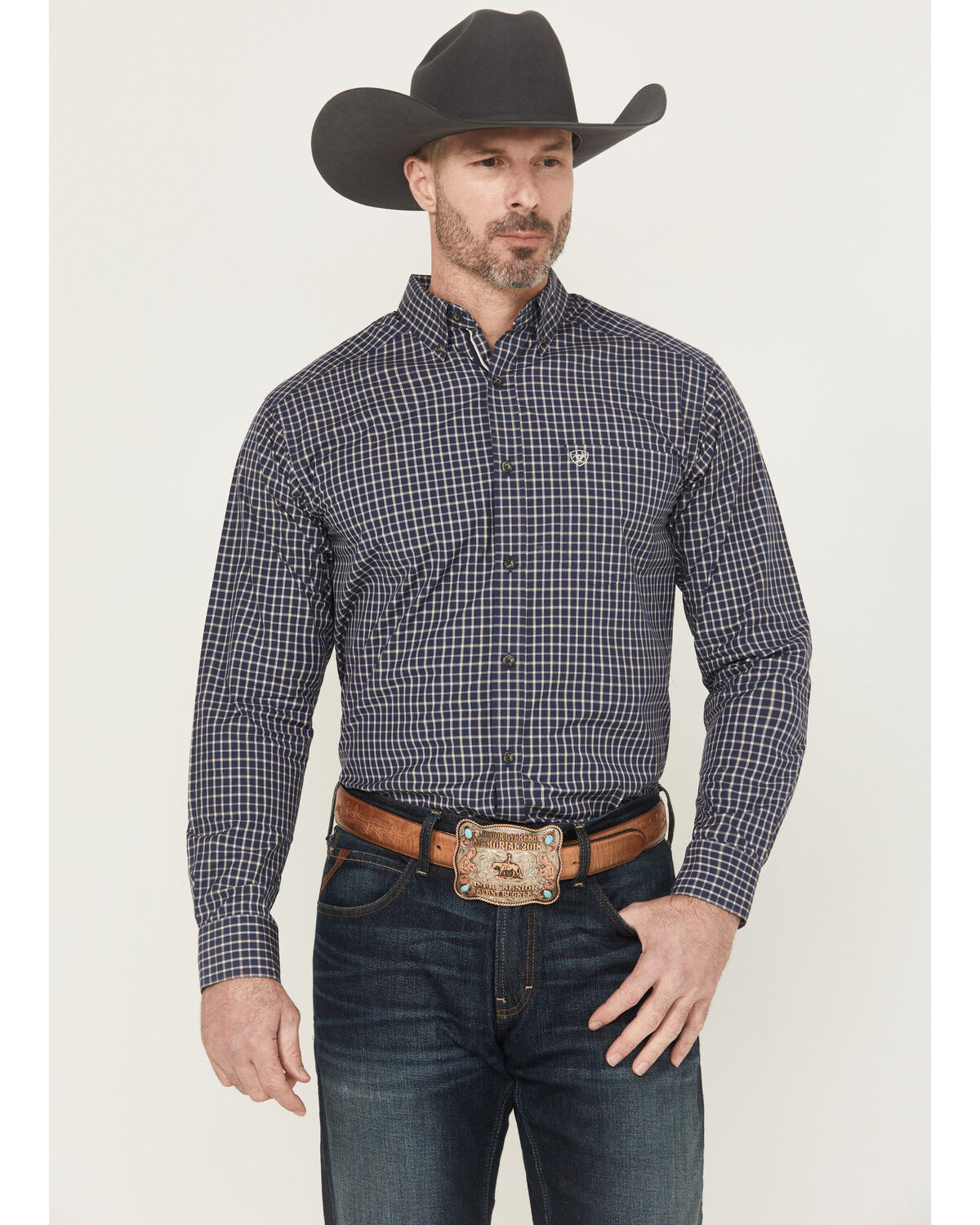 Image #1 - Ariat Men's Canaan Pro Series Plaid Print Long Sleeve Button-Down Stretch Western Shirt, Navy, hi-res