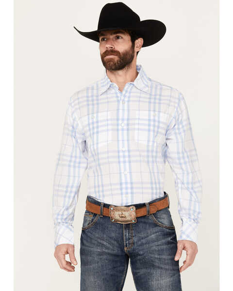 Image #1 - Resistol Men's Conrad Plaid Print Long Sleeve Button Down Western Shirt, Light Blue, hi-res