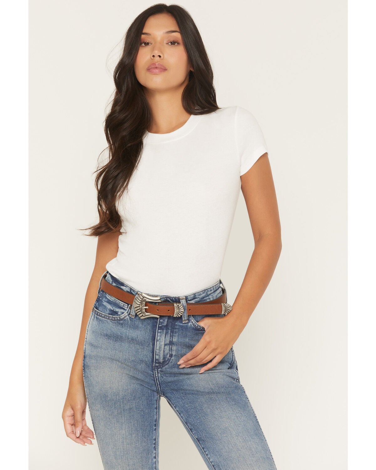 Shyanne Women's Teagan Skinny 3-Piece Buckle Belt, Brown, hi-res