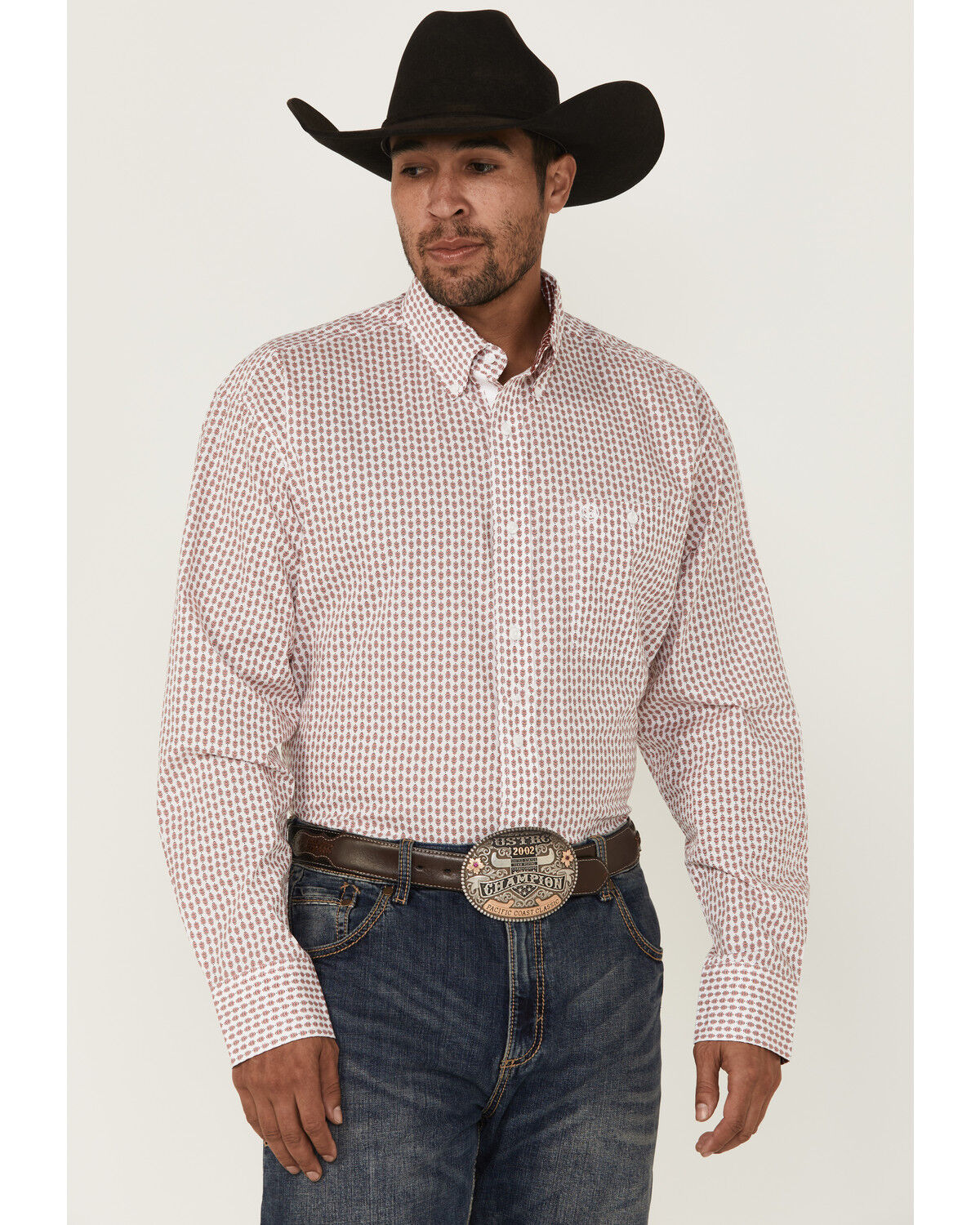 Image #1 - George Strait by Wrangler Men's Geo Print Long Sleeve Button-Down Stretch Western Shirt, White, hi-res