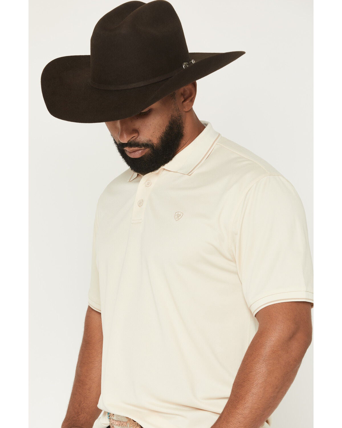 Image #2 - Ariat Men's Fitted Logo Short Sleeve Polo, Cream, hi-res