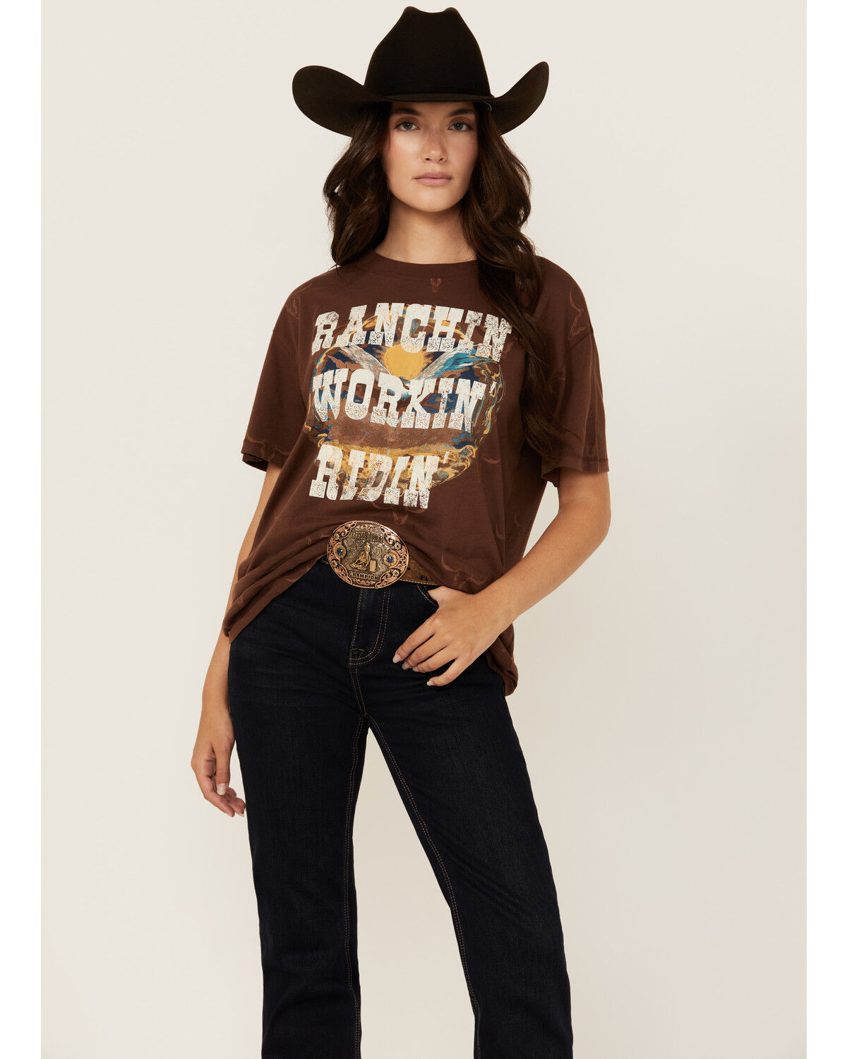 Image #1 - Shyanne Women's Ranchin' Workin' Ridin' Short Sleeve Graphic Tee, Dark Brown, hi-res