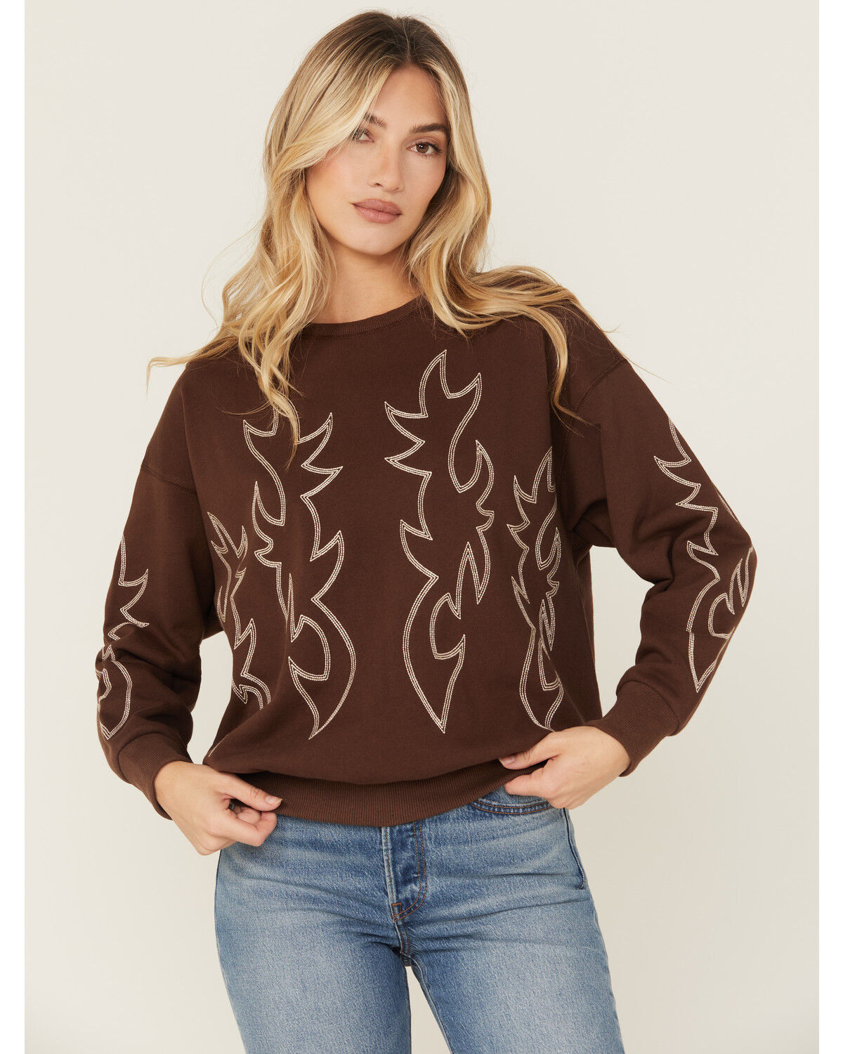 Image #1 - Blue B Women's Boot Stitch Crewneck Sweatshirt, Brown, hi-res
