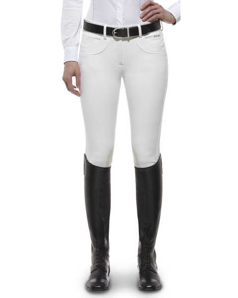 Ariat Women's Olympia Zip-Front Low Rise Knee Patch Breeches, White, hi-res