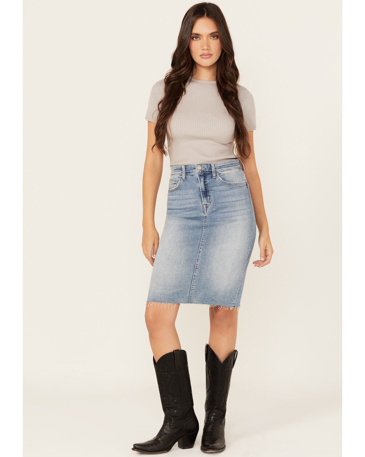 Flying Monkey Women's Raw Hem Medium Wash Denim Midi Skirt, Blue, hi-res