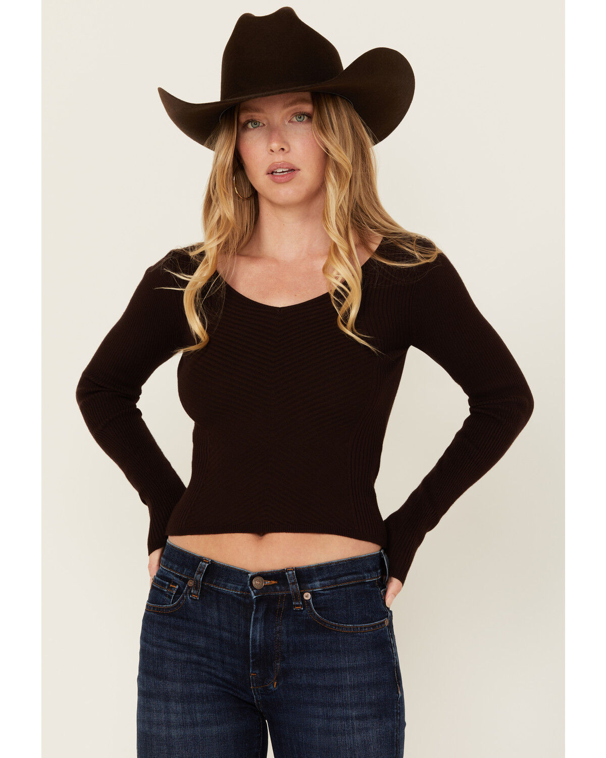 Image #1 - Shyanne Women's Ribbed Long Sleeve Sweater, Chocolate, hi-res