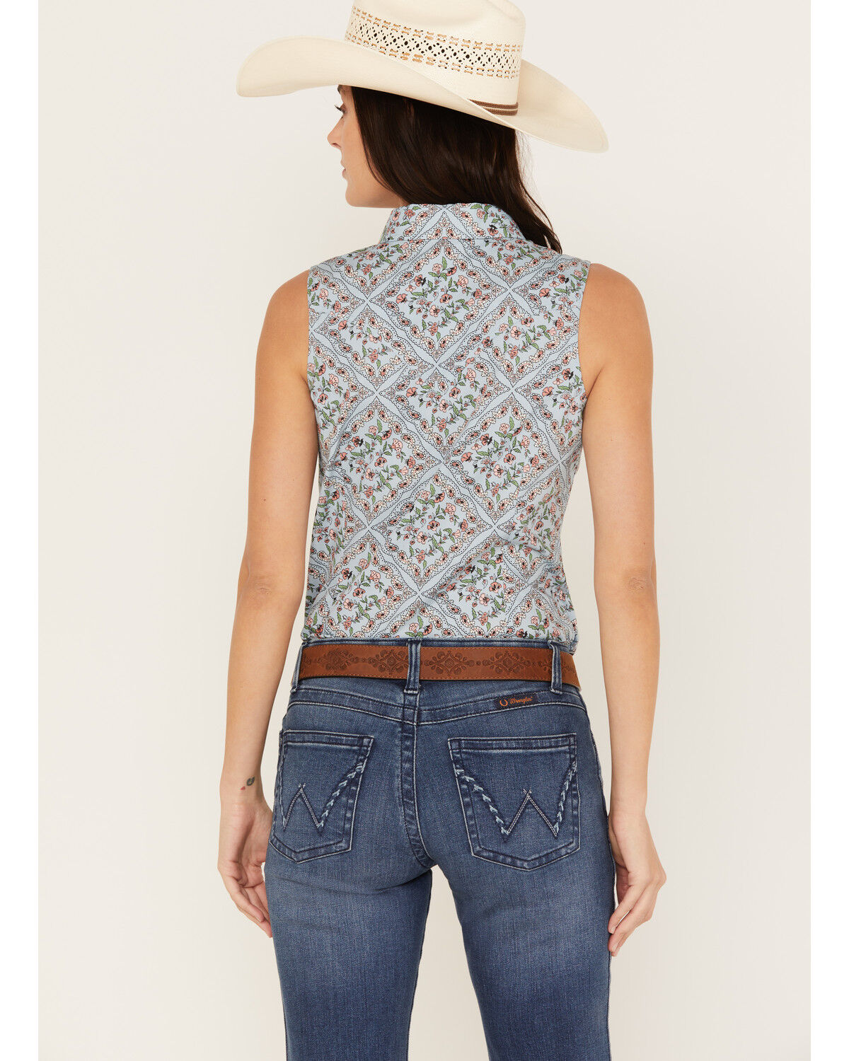 Image #4 - Wrangler Women's Floral Paisley Print Woven Sleeveless Snap Western Shirt, Blue, hi-res