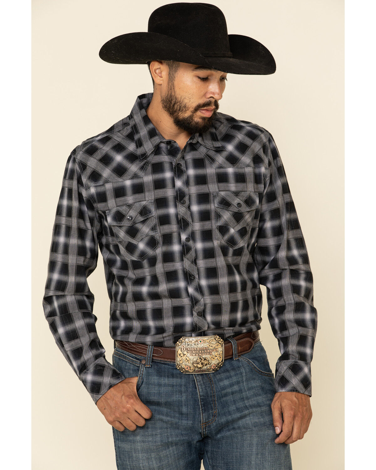 Image #1 - Rock & Roll Denim Men's Black Med Plaid Long Sleeve Western Shirt, Black, hi-res