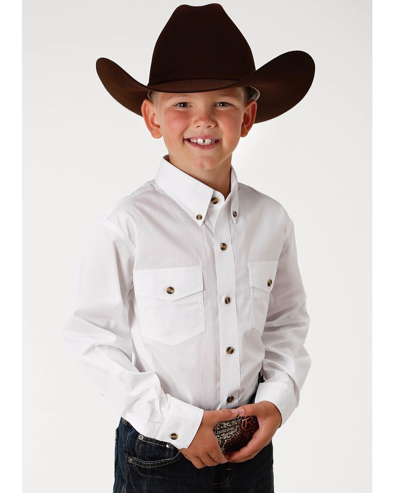 Roper Boy's Long Sleeve Poplin Western Shirt, White, hi-res