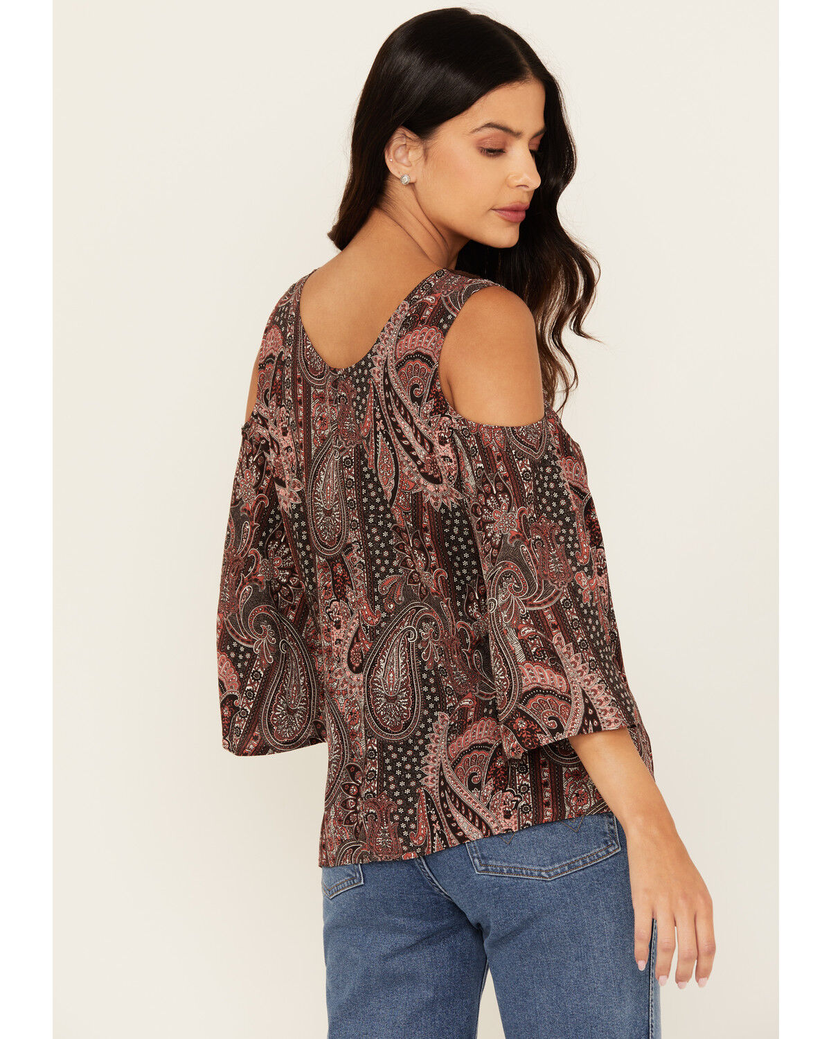 Image #4 - Shyanne Women's Printed Cold Shoulder Crochet Trim Top, Chocolate, hi-res
