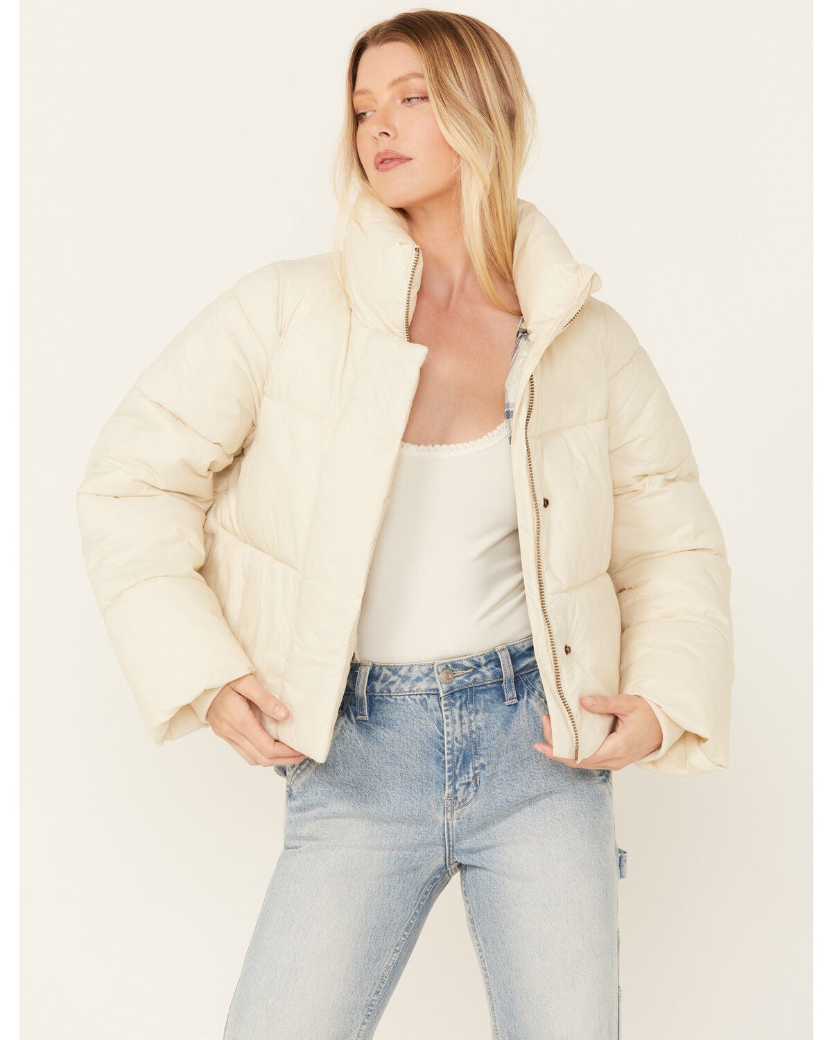 Cleo + Wolf Women's Plaid Lined Puffer Coat, Oatmeal, hi-res