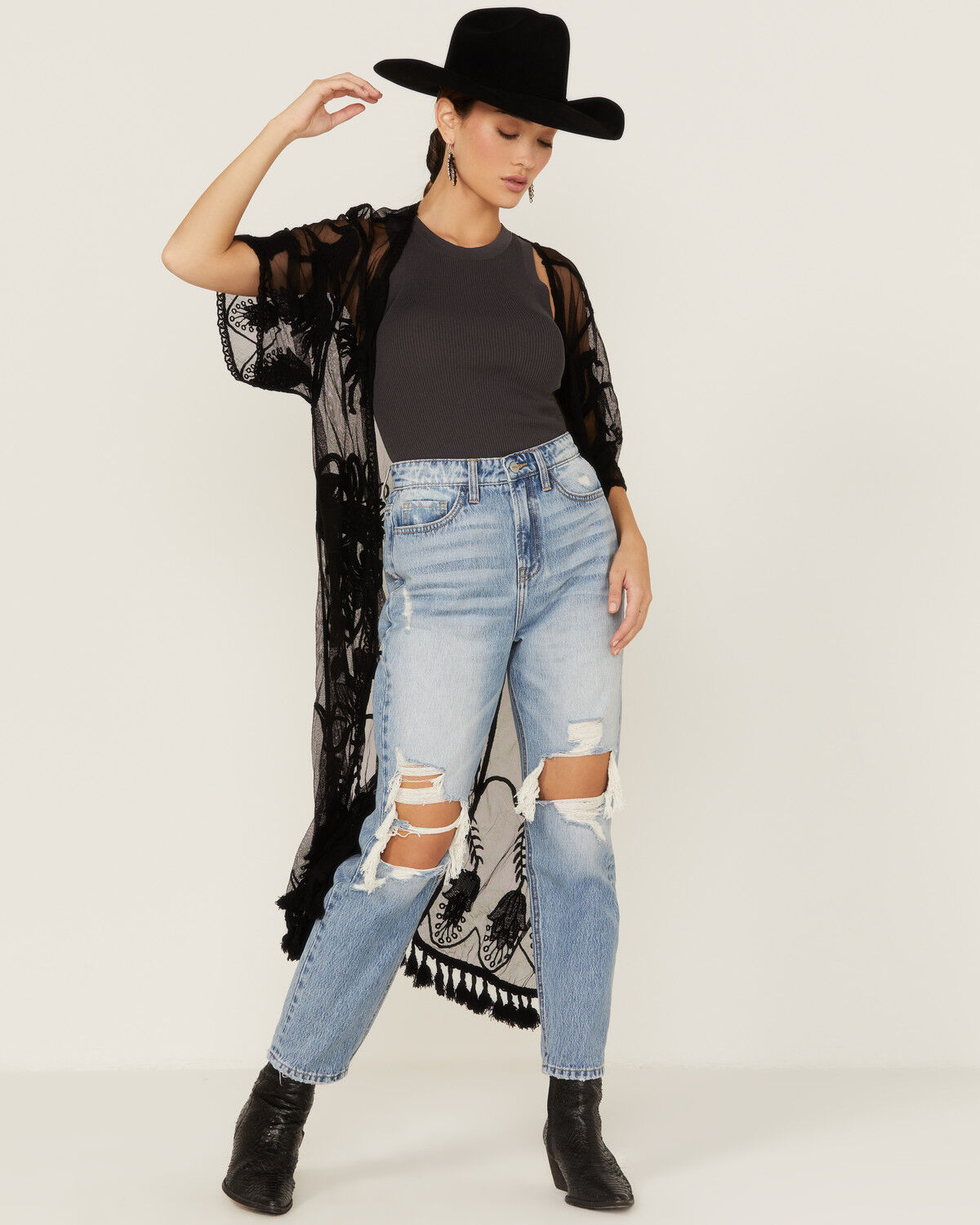 Image #1 - Shyanne Women's Lace Tassel Kimono, Black, hi-res