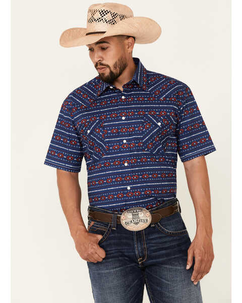 Image #1 - Rough Stock By Panhandle Men's Indigo Southwestern Stripe Short Sleeve Snap Western Shirt , Indigo, hi-res