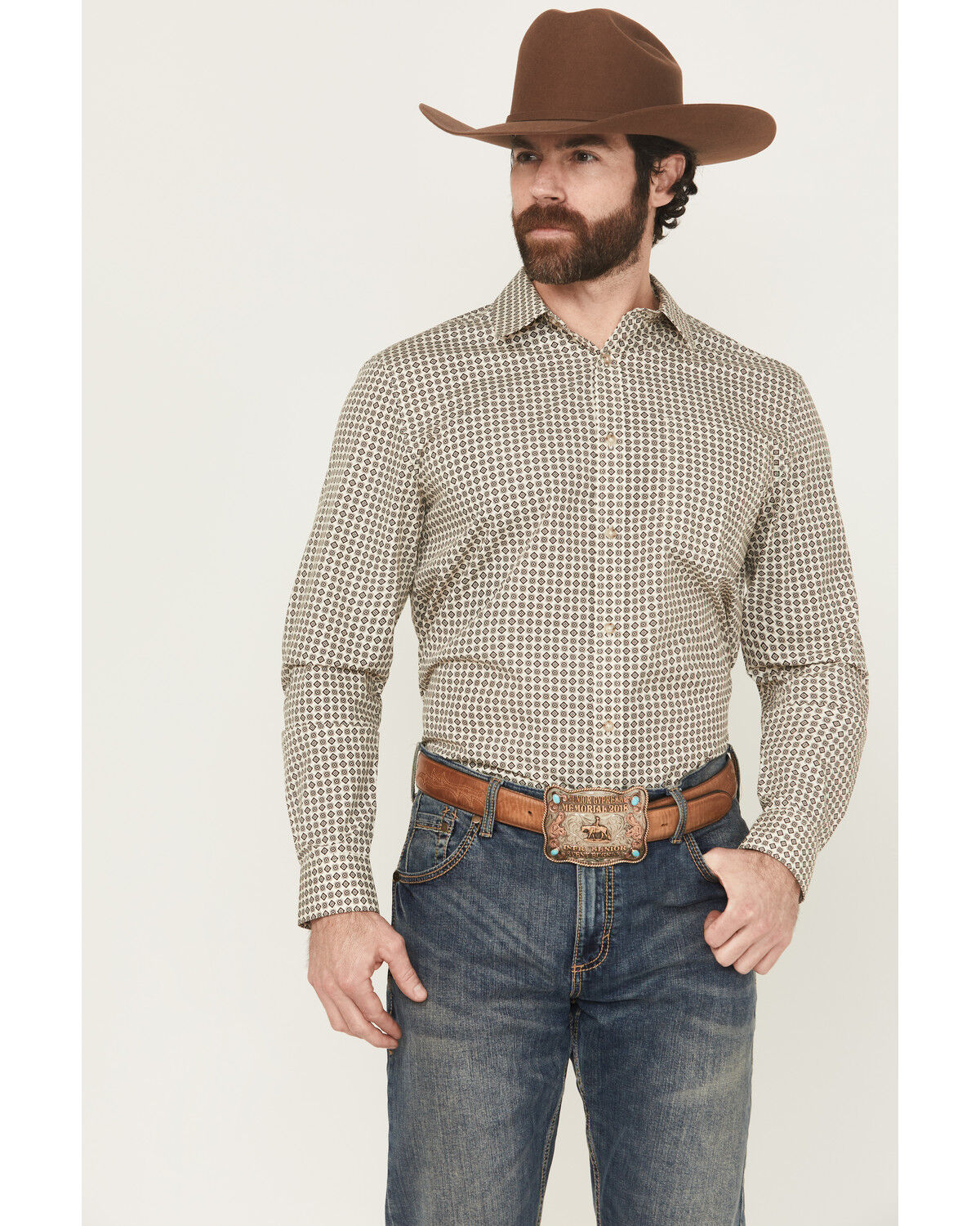 Image #1 - Gibson Trading Co Men's Bullseye Geo Print Long Sleeve Button-Down Western Shirt - Big, Ivory, hi-res