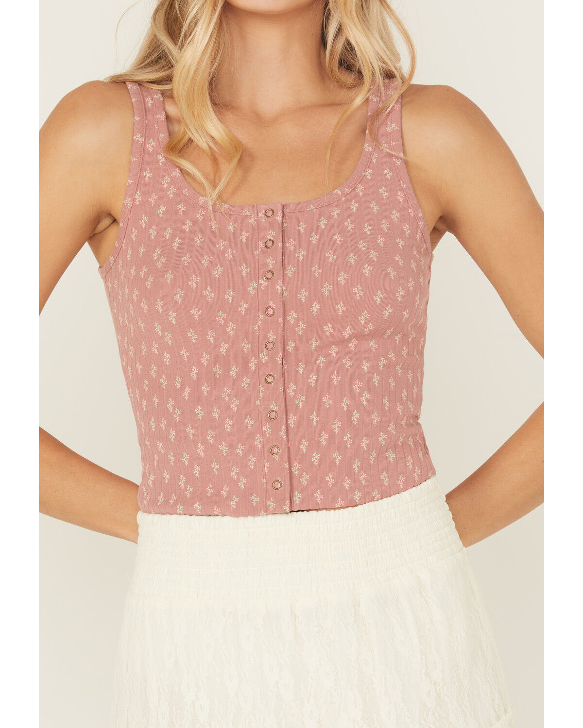 Image #3 - Cleo + Wolf Women's Floral Print Ribbed Sleeveless Cropped Tank Top, Rose, hi-res