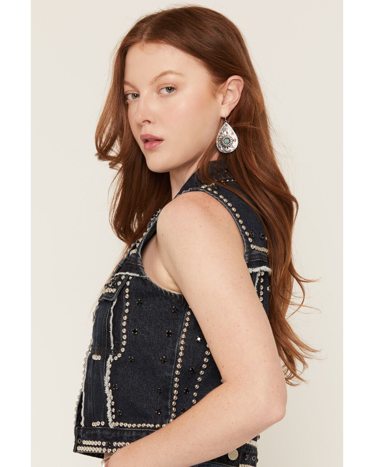 Image #2 - Azalea Wang Women's Zena Studded Denim Trucker Vest, Dark Wash, hi-res