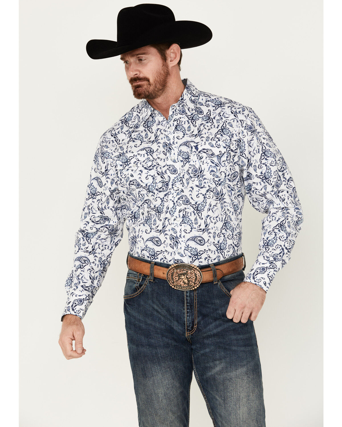 Image #1 - Rodeo Clothing Men's Floral Paisley Print Long Sleeve Pearl Snap Western Shirt, White, hi-res