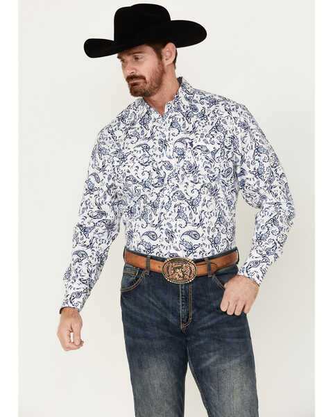 Rodeo Clothing Men's Floral Paisley Print Long Sleeve Pearl Snap Western Shirt , White, hi-res