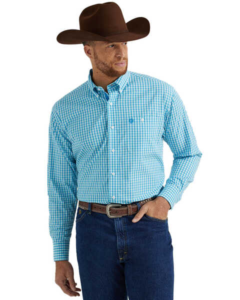 George Strait by Wrangler Men's Plaid Print Long Sleeve Button-Down Stretch Western Shirt - Big , Turquoise, hi-res